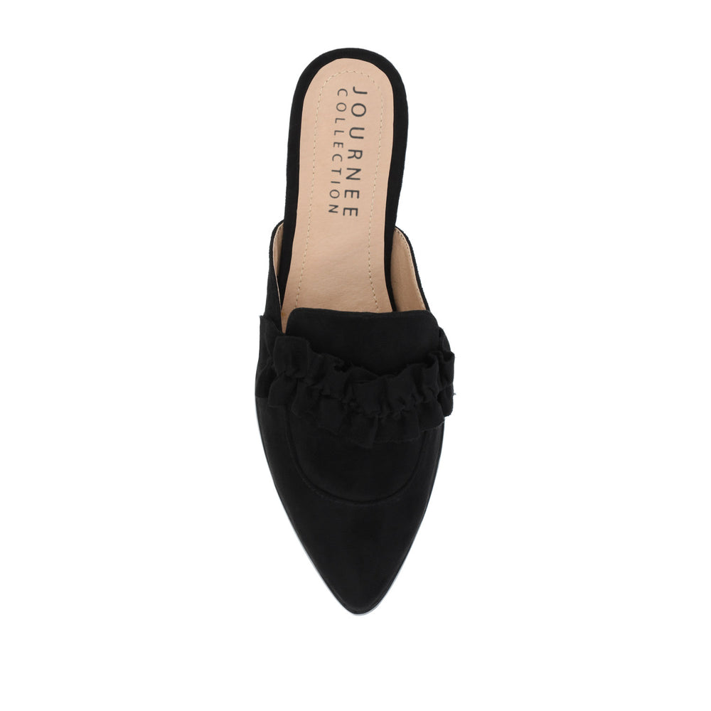 KESSIE RUFFLED MULE FLATS IN FAUX SUEDE