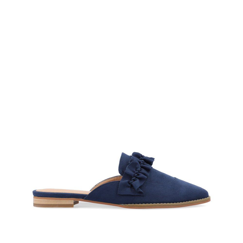 KESSIE RUFFLED MULE FLATS IN FAUX SUEDE