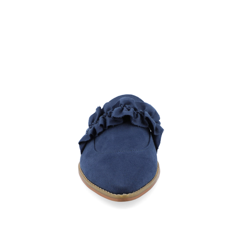 KESSIE RUFFLED MULE FLATS IN FAUX SUEDE