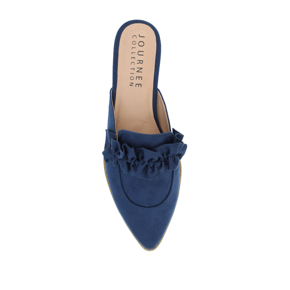 KESSIE RUFFLED MULE FLATS IN FAUX SUEDE