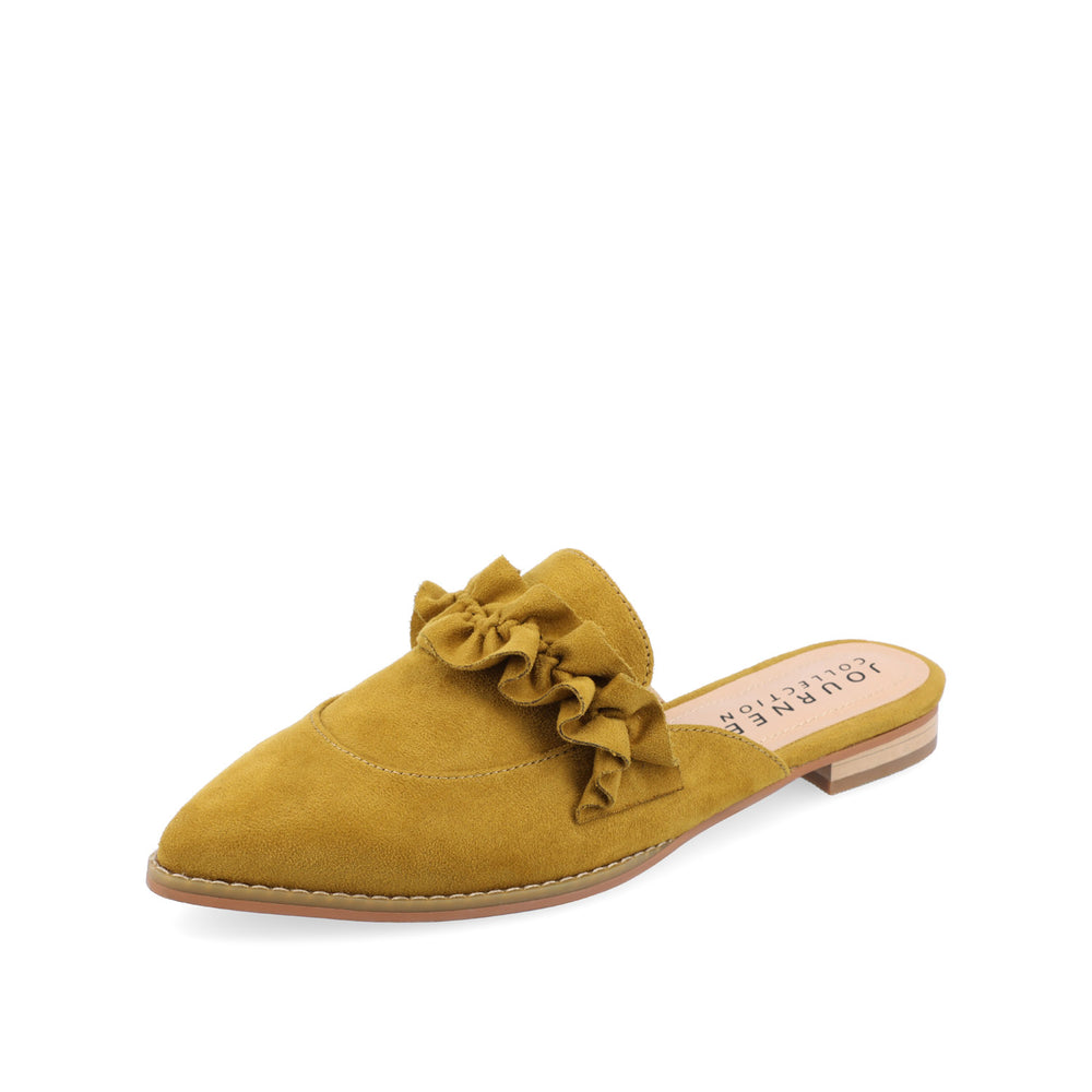 KESSIE RUFFLED MULE FLATS IN FAUX SUEDE