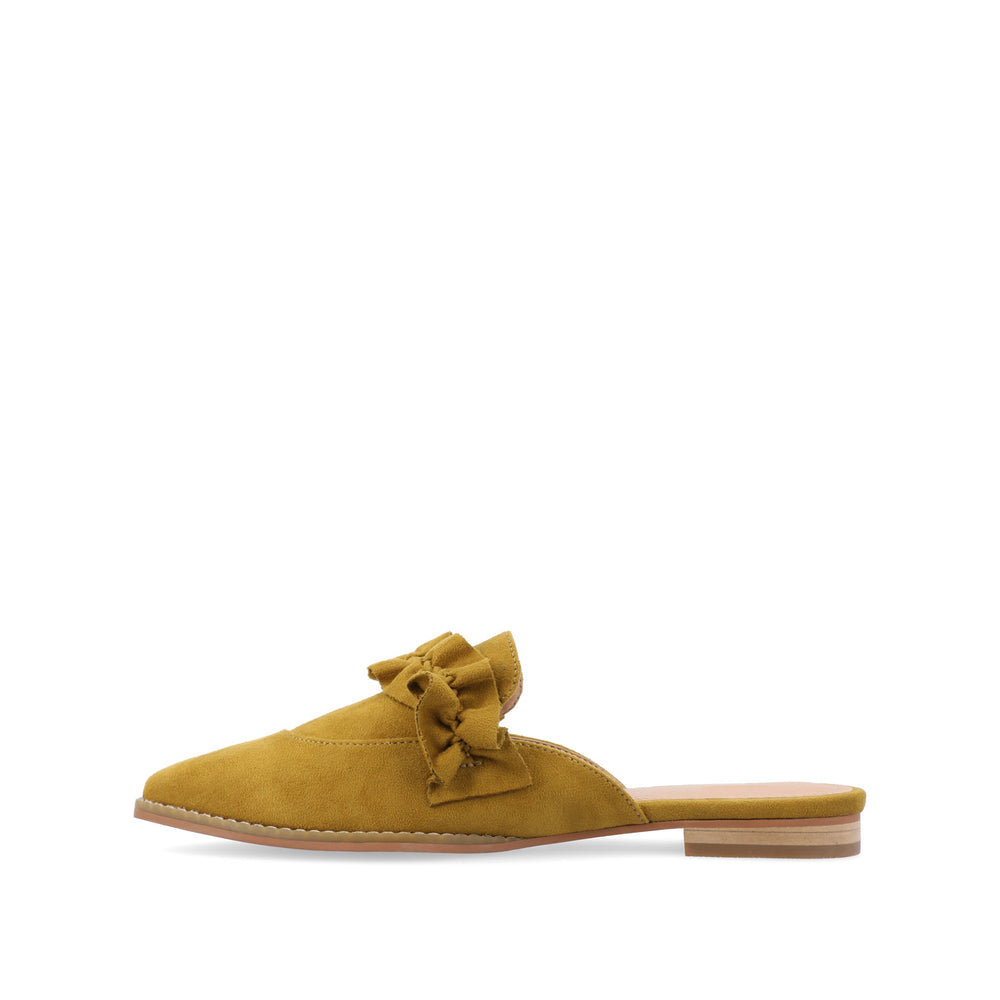 KESSIE RUFFLED MULE FLATS IN FAUX SUEDE