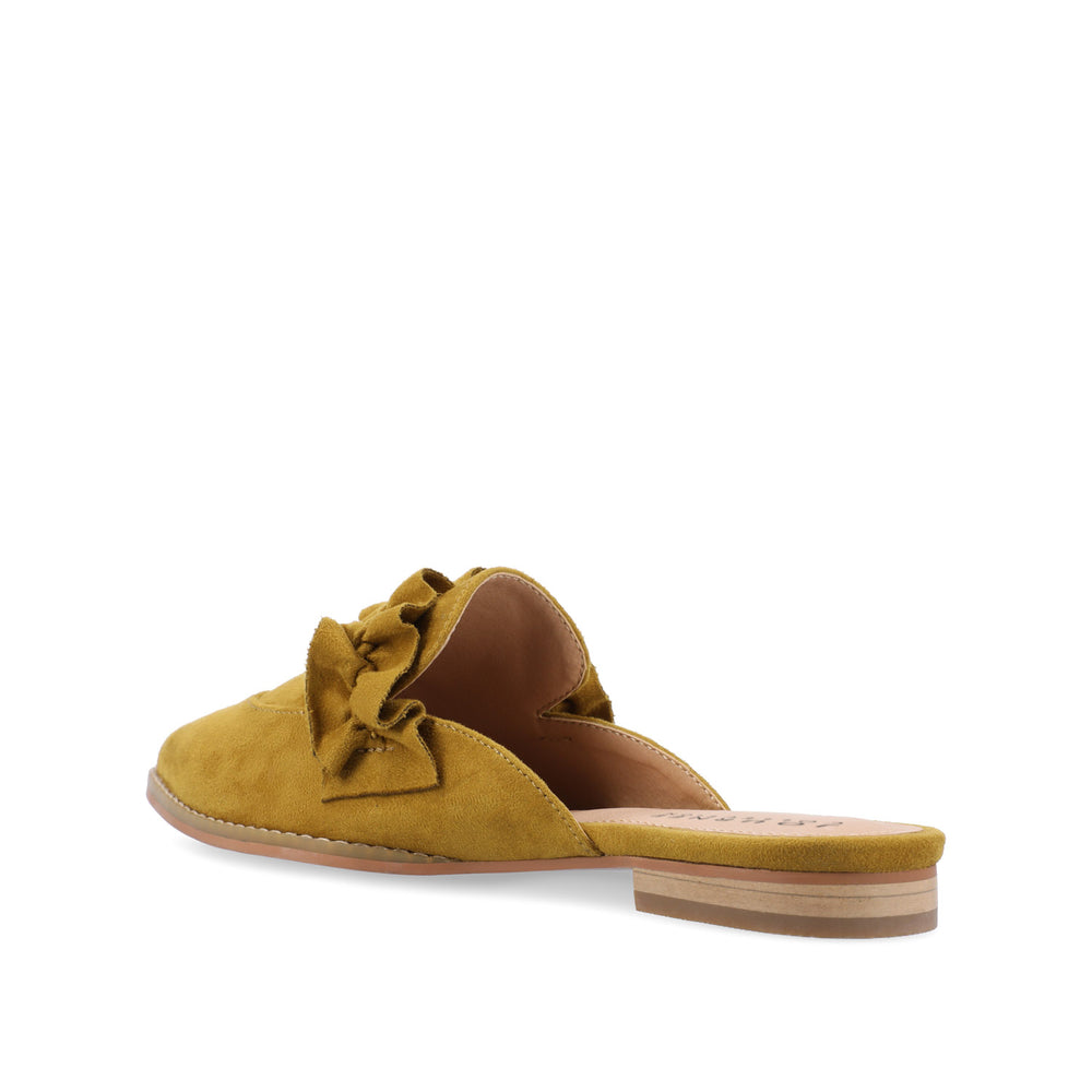 KESSIE RUFFLED MULE FLATS IN FAUX SUEDE