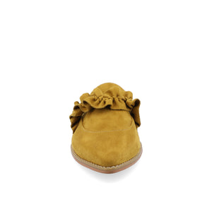KESSIE RUFFLED MULE FLATS IN FAUX SUEDE