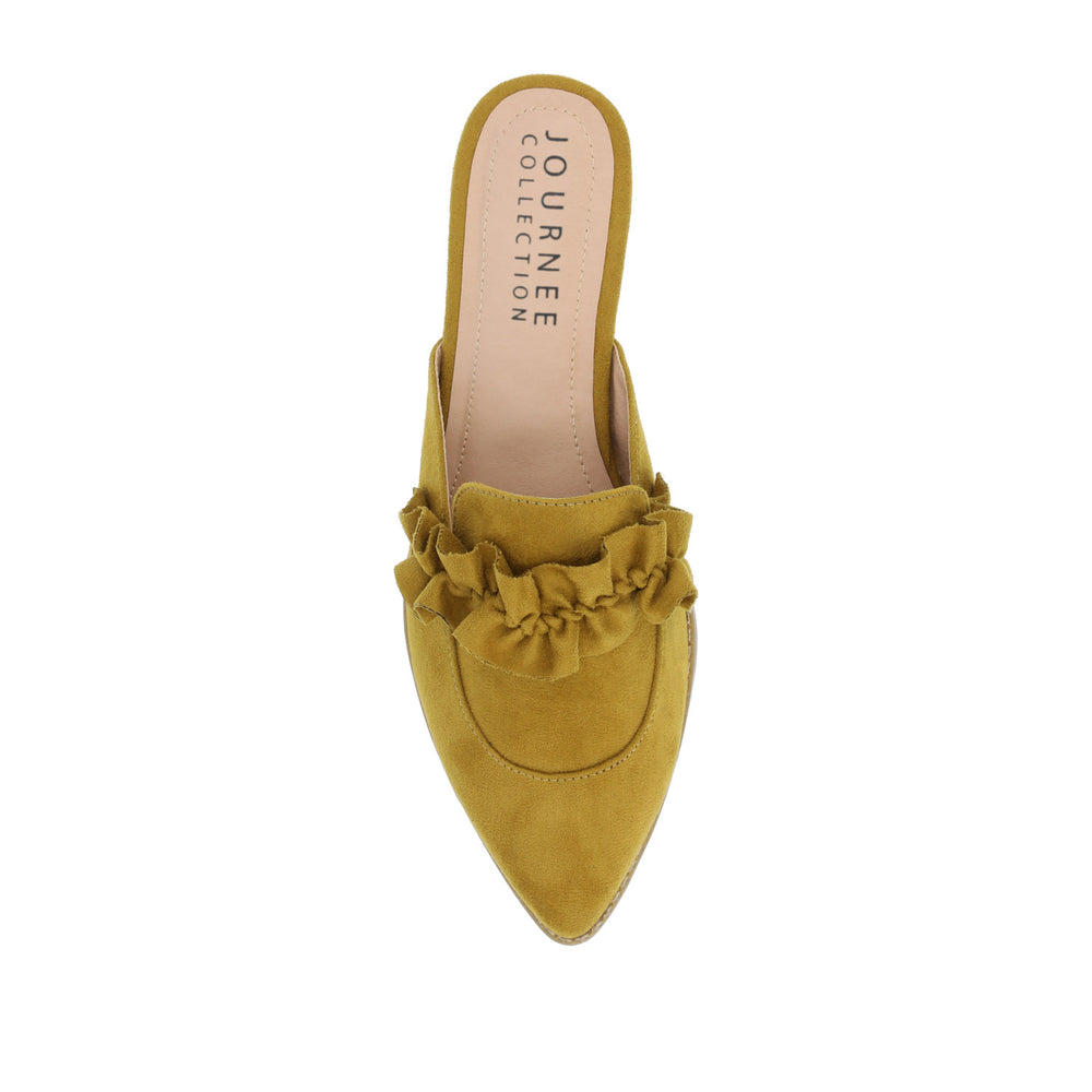 KESSIE RUFFLED MULE FLATS IN FAUX SUEDE