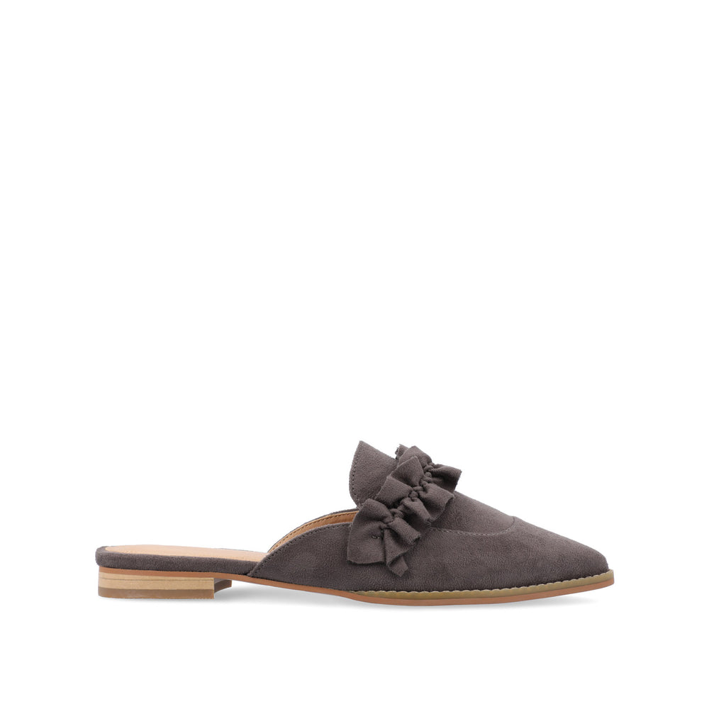 KESSIE RUFFLED MULE FLATS IN FAUX SUEDE