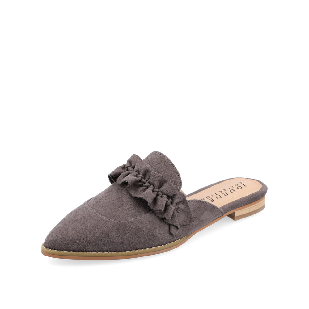 KESSIE RUFFLED MULE FLATS IN FAUX SUEDE