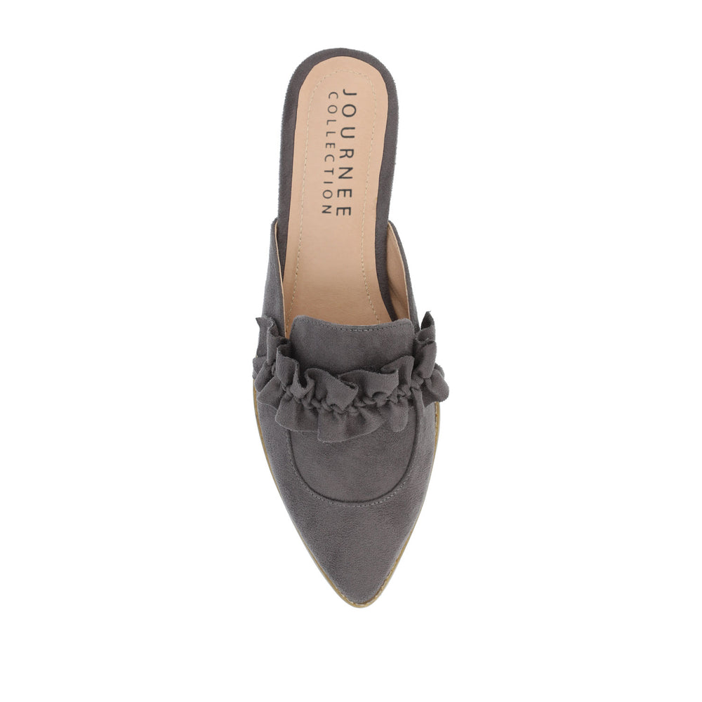 KESSIE RUFFLED MULE FLATS IN FAUX SUEDE