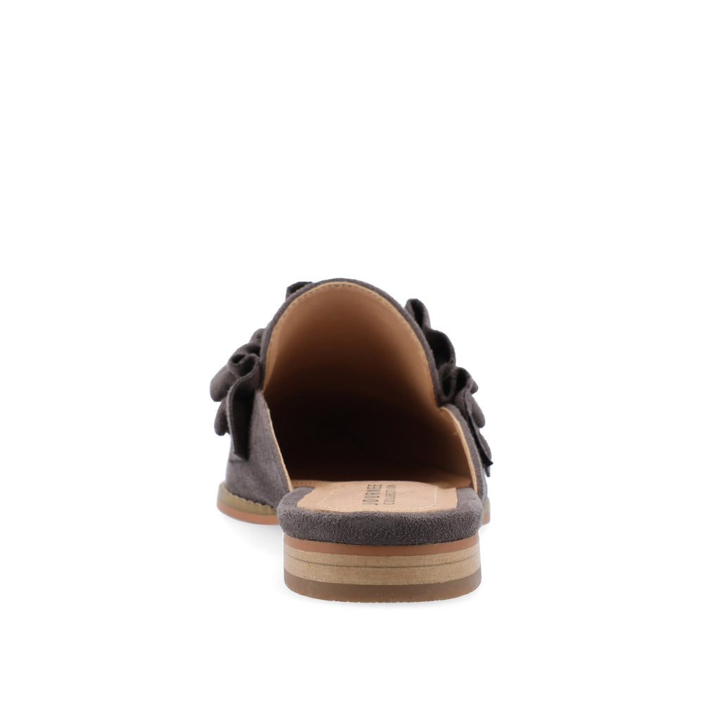 KESSIE RUFFLED MULE FLATS IN FAUX SUEDE