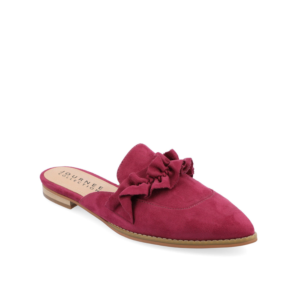 KESSIE RUFFLED MULE FLATS IN FAUX SUEDE