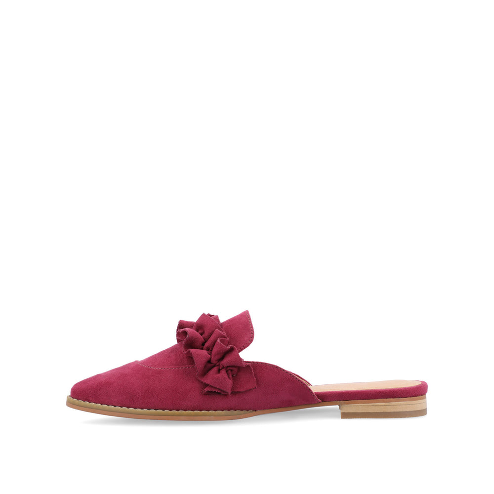 KESSIE RUFFLED MULE FLATS IN FAUX SUEDE