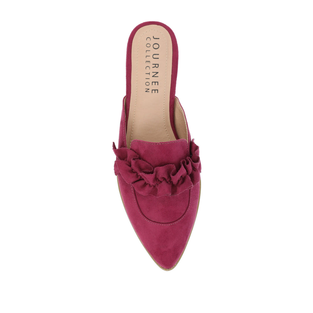 KESSIE RUFFLED MULE FLATS IN FAUX SUEDE