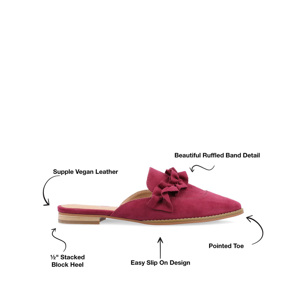 KESSIE RUFFLED MULE FLATS IN FAUX SUEDE