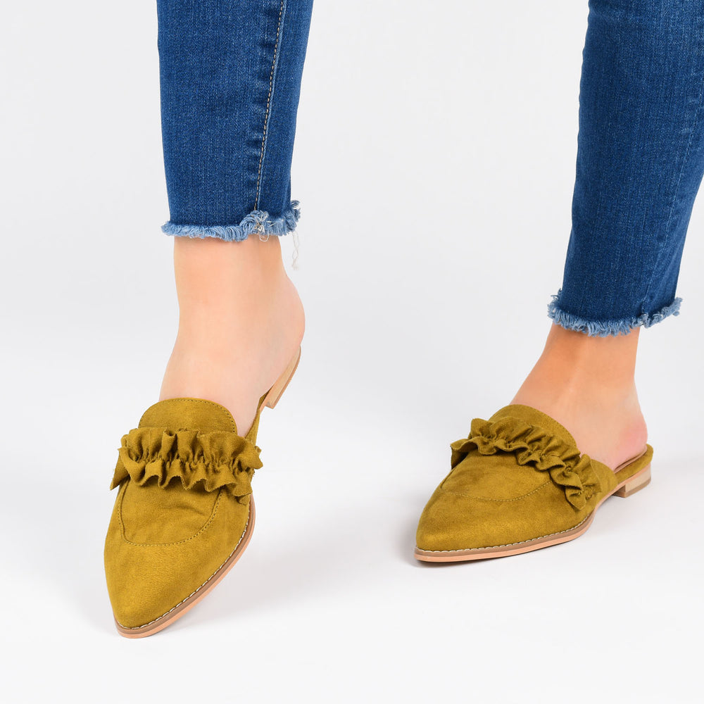 KESSIE RUFFLED MULE FLATS IN FAUX SUEDE