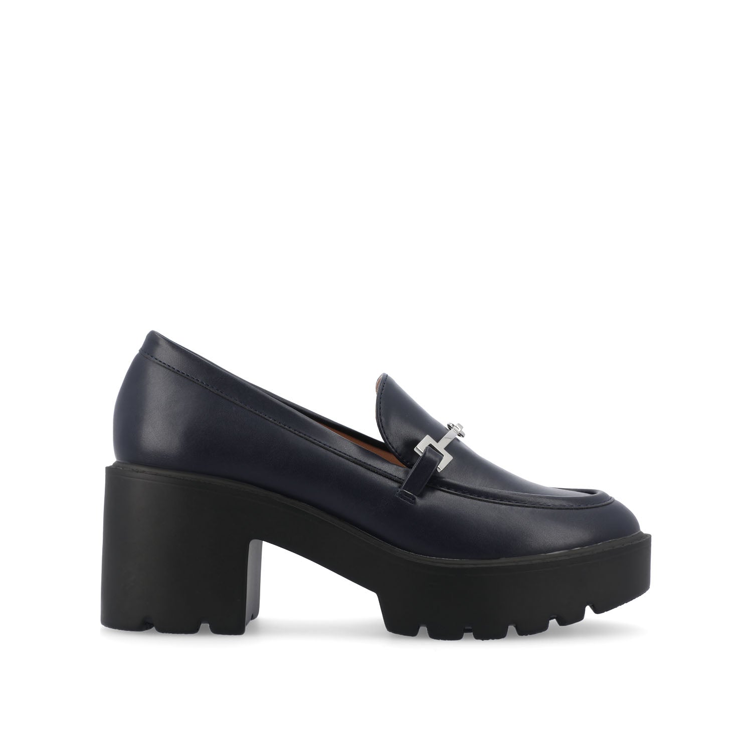 KEZZIAH LOAFER BLOCK HEELS IN VEGAN LEATHER - Navy Nubuck