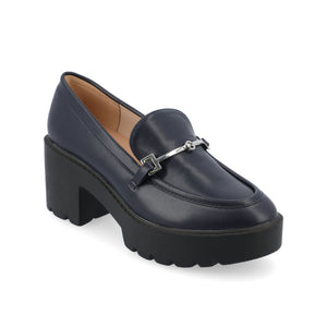 KEZZIAH LOAFER BLOCK HEELS IN VEGAN LEATHER - Navy Nubuck