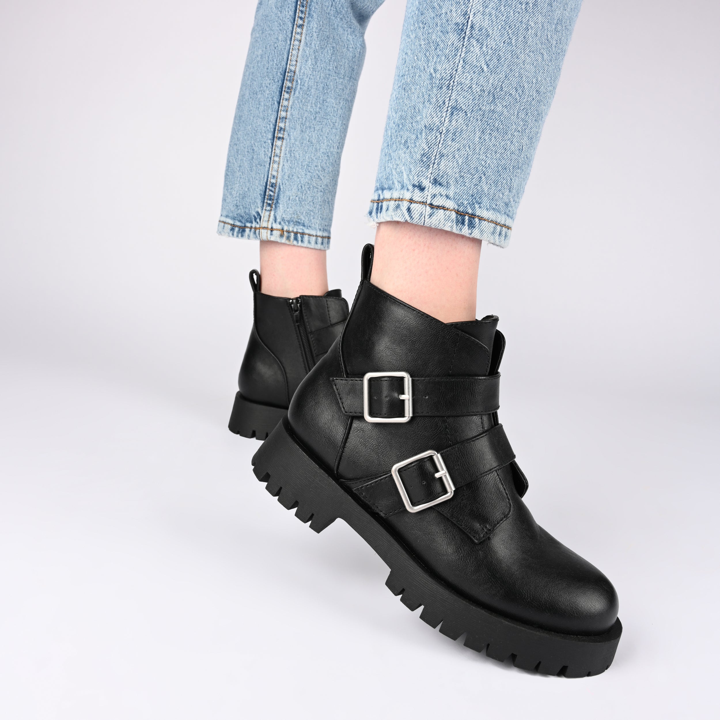 ASOS DESIGN lace up boot with chunky sole and studded strapping in black  faux leather