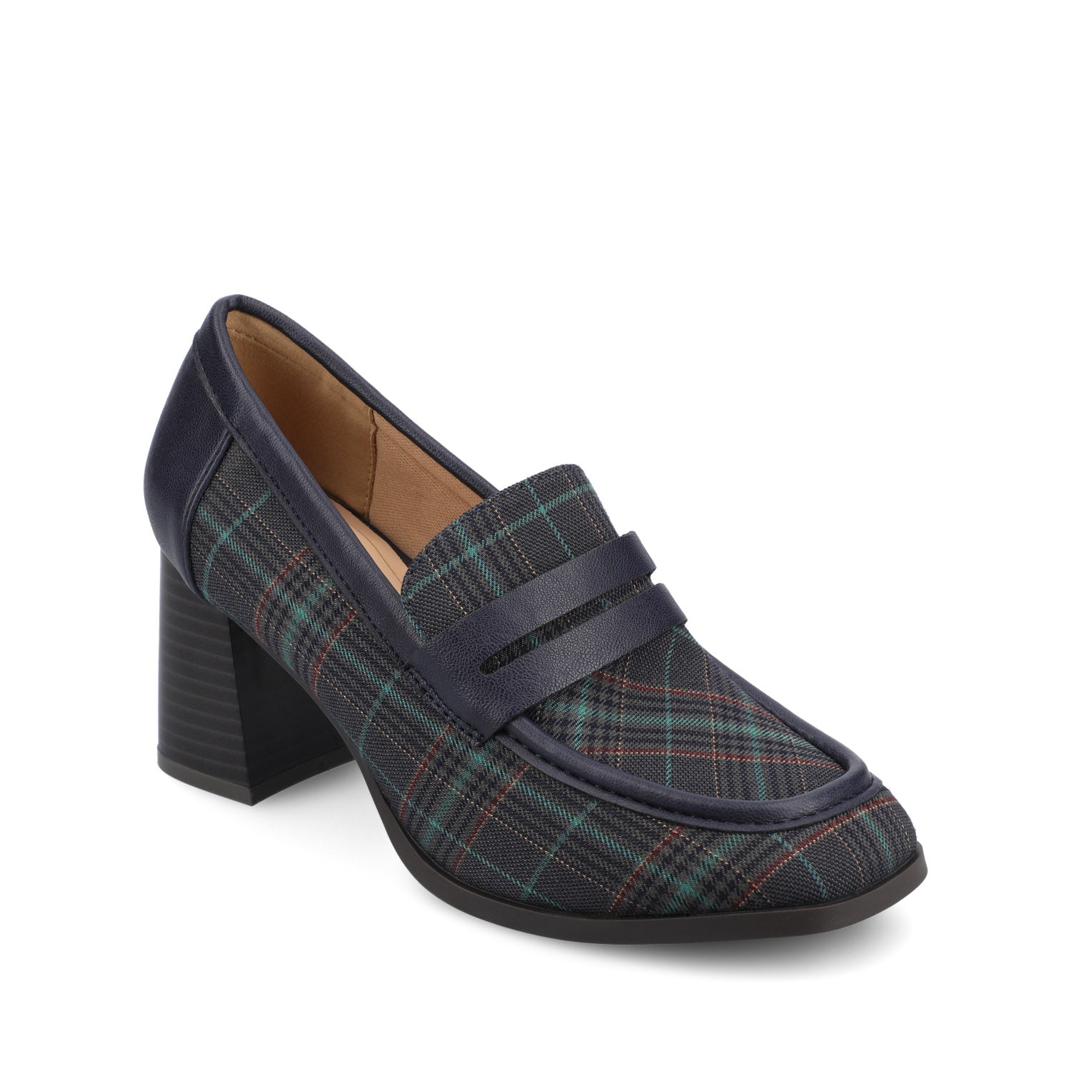 MALLEAH BLOCK HEEL LOAFERS IN WIDE - Navy Plaid