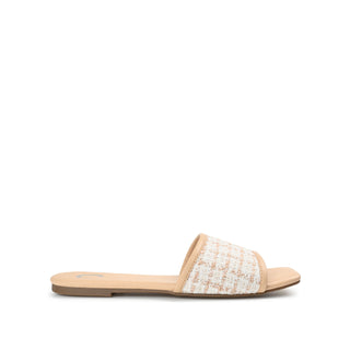 MIKALA SLIDE SANDALS IN TWEED AND FAUX LEATHER