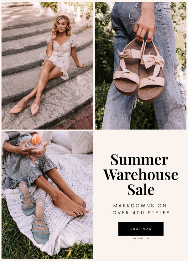 "Summer warehouse sale" header with "markdowns on over 400 styles" subheader. Image grid of models in various summery shoes.