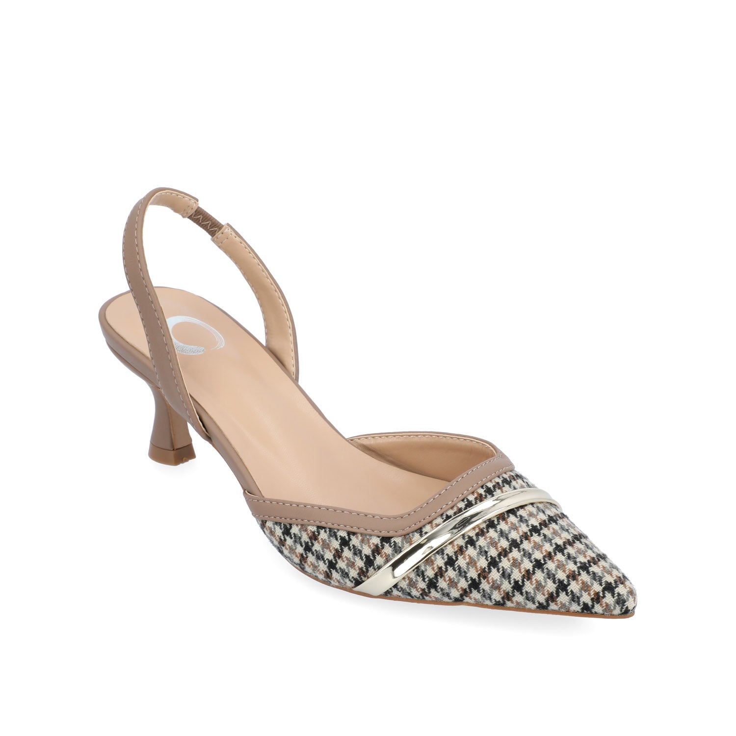 NELLIA TWEED SLINGBACK KITTEN HEELS IN WIDE - Taupe Houndstooth Tweed