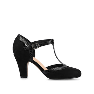 OLINA T-STRAP PUMP HEELS IN VEGAN LEATHER - Black Suede
