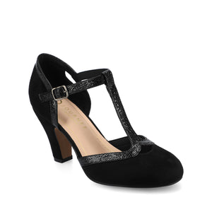 OLINA T-STRAP PUMP HEELS IN VEGAN LEATHER - Black Suede