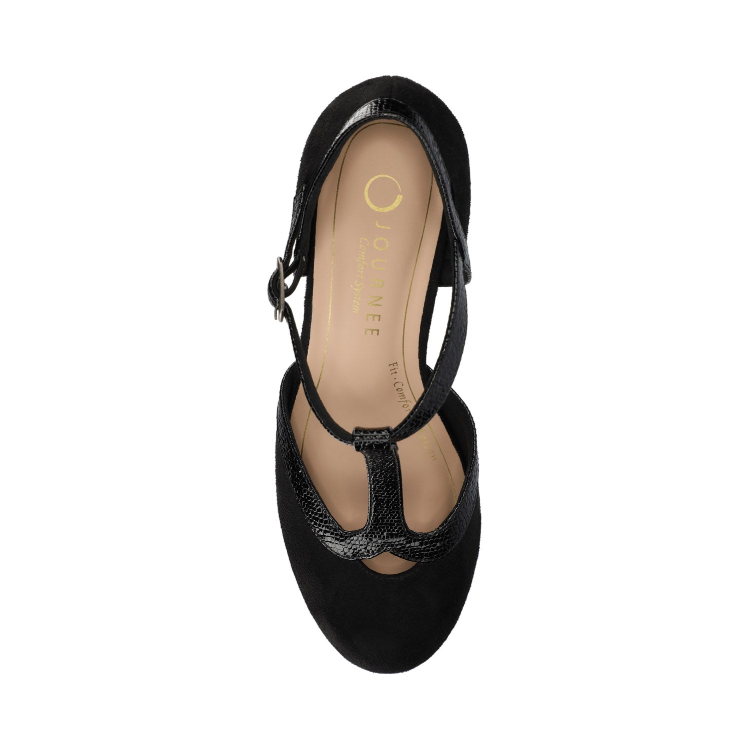 OLINA T-STRAP PUMP HEELS IN VEGAN LEATHER - Black Suede