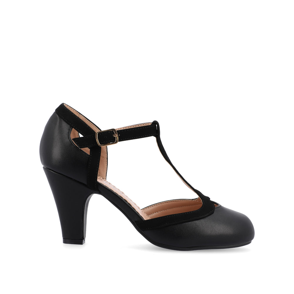 OLINA T-STRAP PUMP HEELS IN FAUX LEATHER