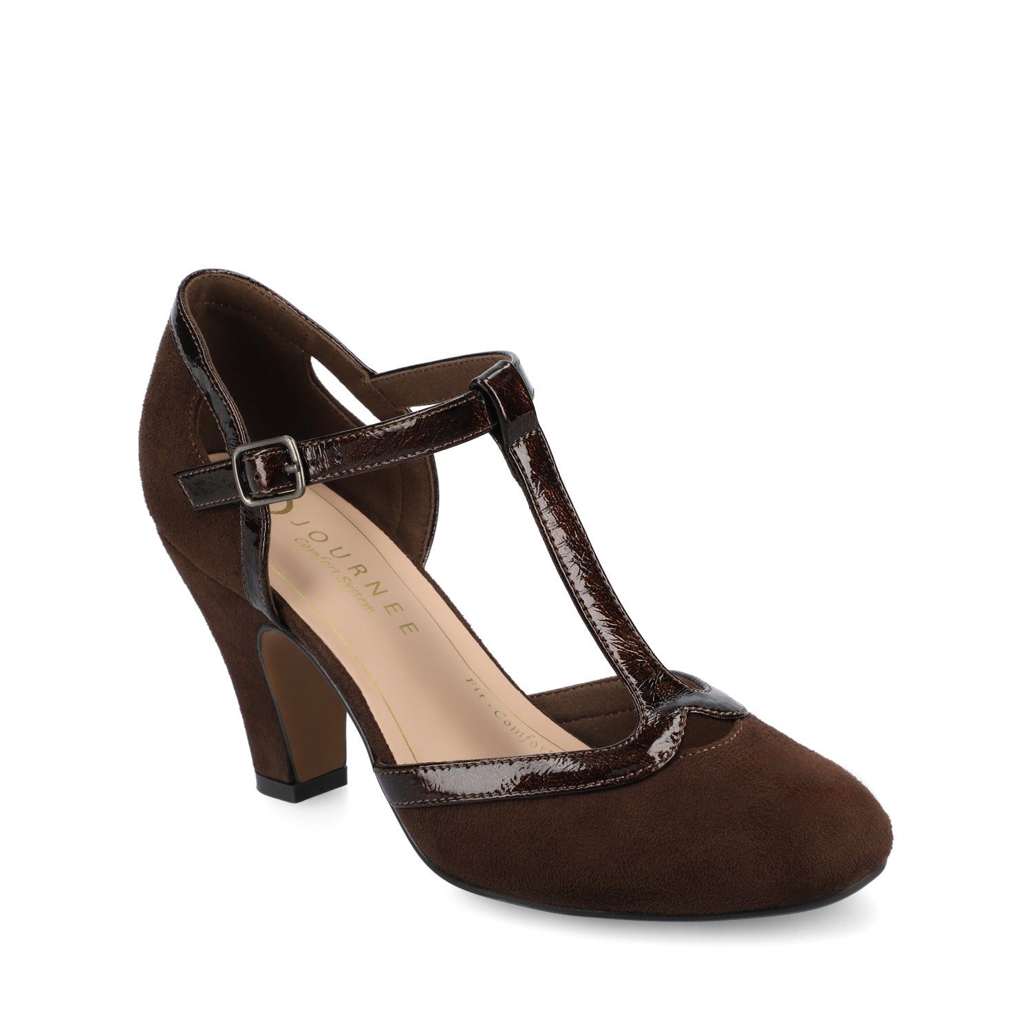 OLINA T-STRAP PUMP HEELS IN VEGAN LEATHER - Chocolate Suede