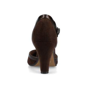 OLINA T-STRAP PUMP HEELS IN WIDE - Chocolate Suede