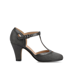 OLINA T-STRAP PUMP HEELS IN VEGAN LEATHER - Grey Suede