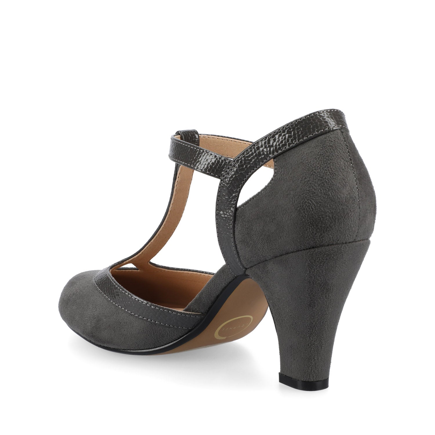 OLINA T-STRAP PUMP HEELS IN VEGAN LEATHER - Grey Suede
