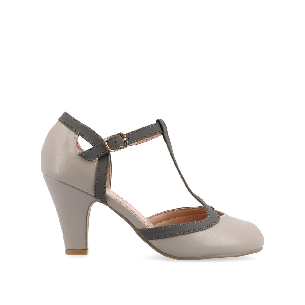 OLINA T-STRAP PUMP HEELS IN FAUX LEATHER