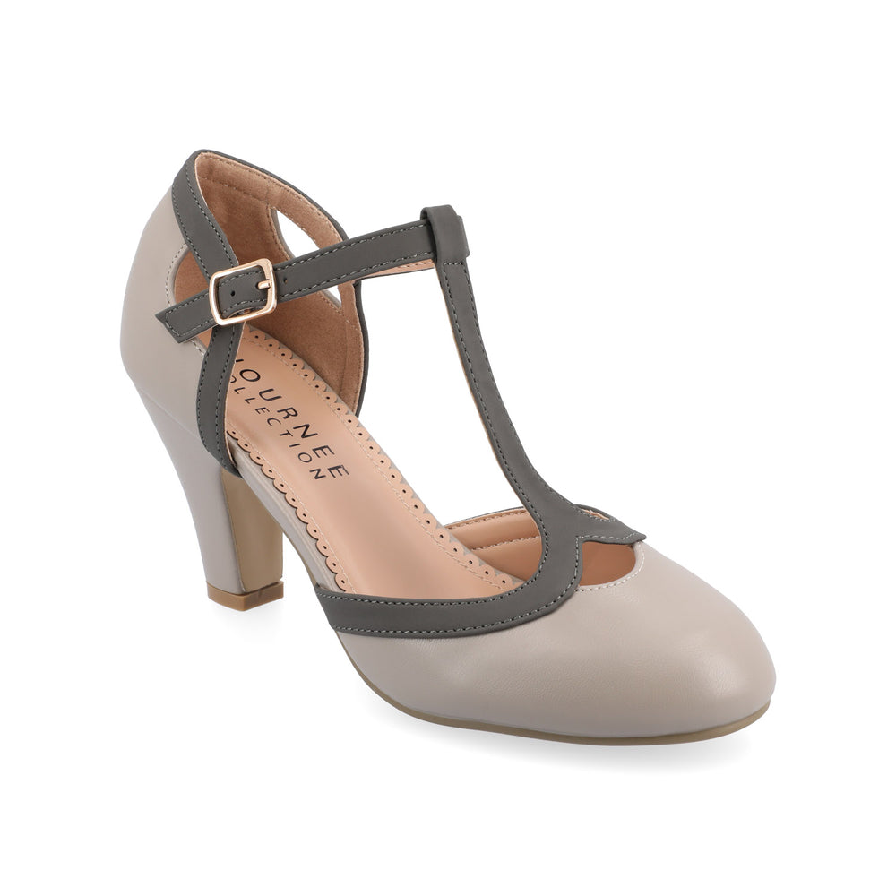 OLINA T-STRAP PUMP HEELS IN FAUX LEATHER