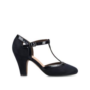 OLINA T-STRAP PUMP HEELS IN VEGAN LEATHER - Navy Suede