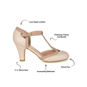 OLINA T-STRAP PUMP HEELS IN FAUX LEATHER