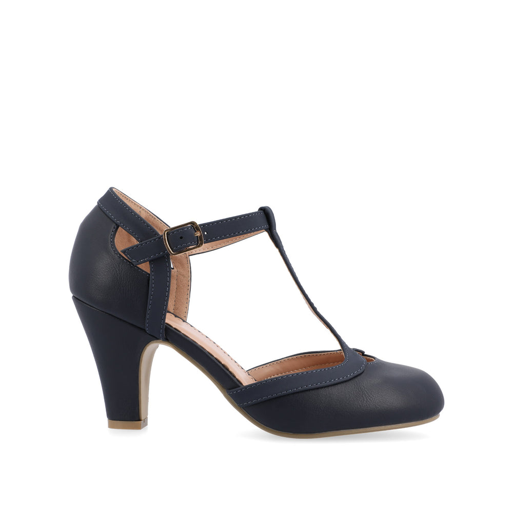 OLINA T-STRAP PUMP HEELS IN FAUX LEATHER