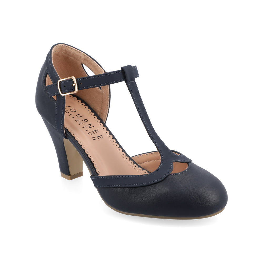 OLINA T-STRAP PUMP HEELS IN FAUX LEATHER