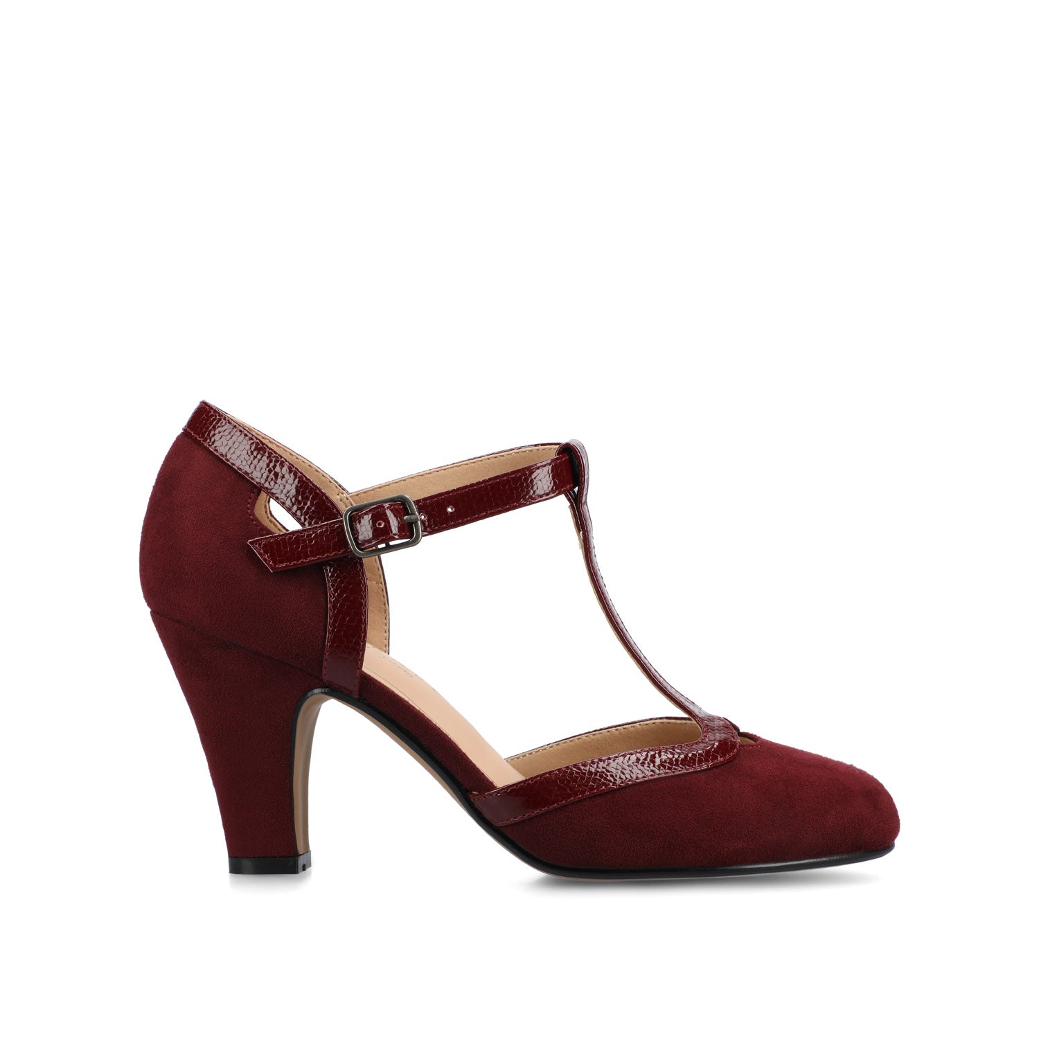 OLINA T-STRAP PUMP HEELS IN VEGAN LEATHER - Oxblood Suede