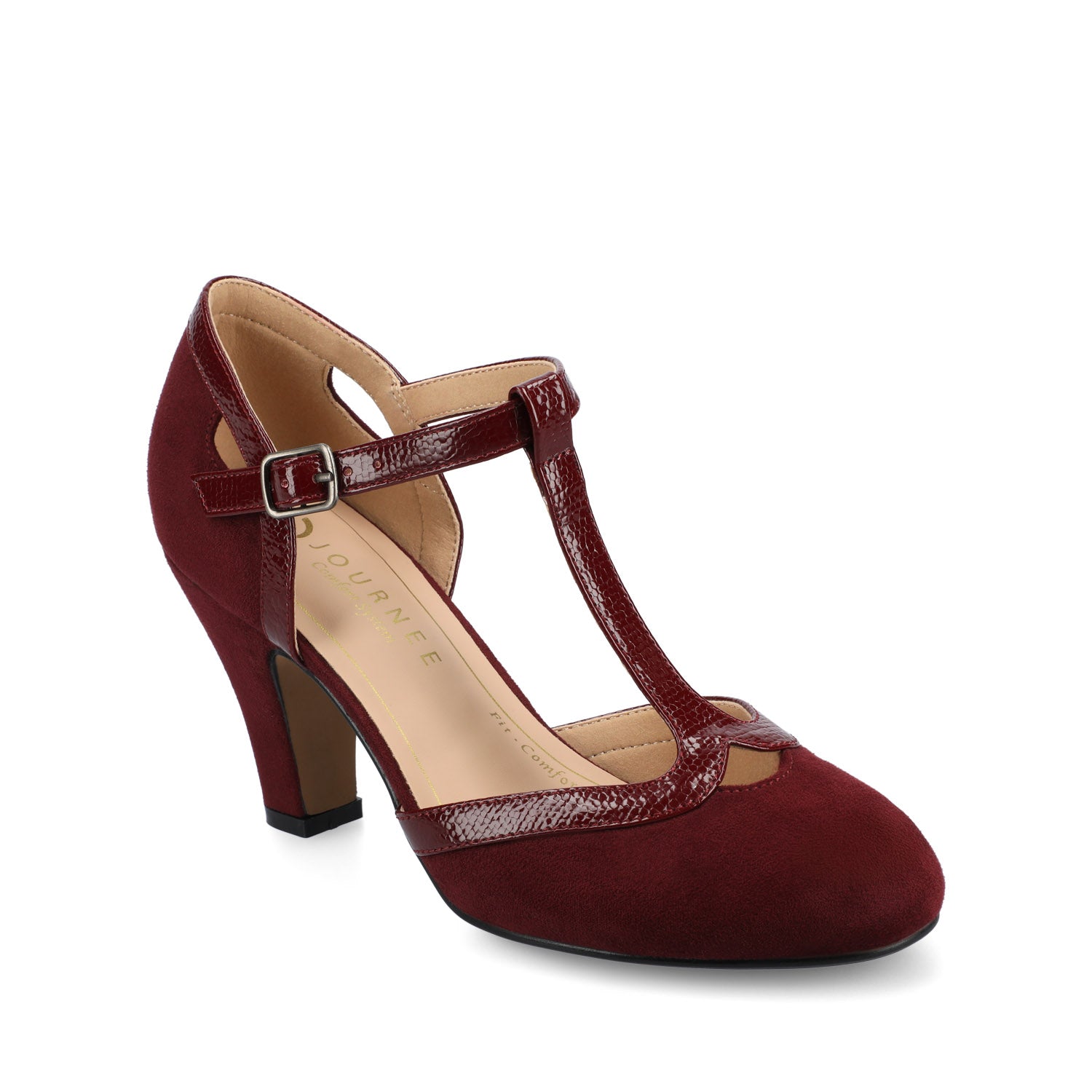 OLINA T-STRAP PUMP HEELS IN WIDE - Oxblood Suede