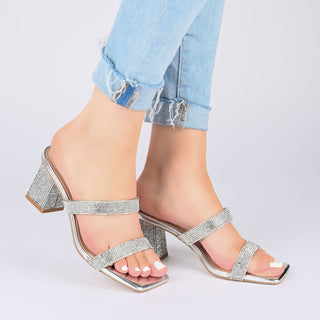 SHANDEE STRAPPY BLOCK HEELS IN FOIL