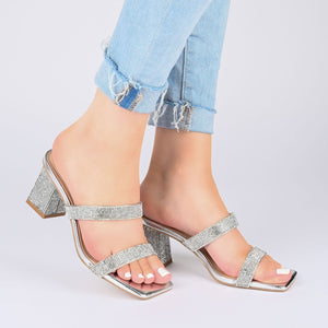 SHANDEE STRAPPY BLOCK HEELS IN FOIL - Silver