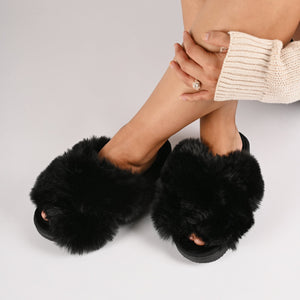 SKYLAH SLIPPERS IN FAUX FUR - Black Faux Fur