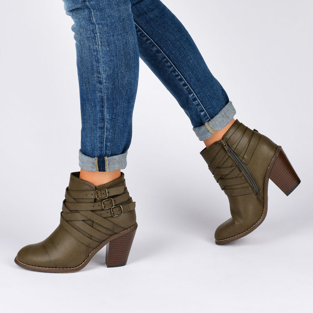 STRAP HEELED BOOTIES IN FAUX LEATHER