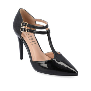 TRU T-STRAP STILETTO PUMP HEELS IN PATENT - Black