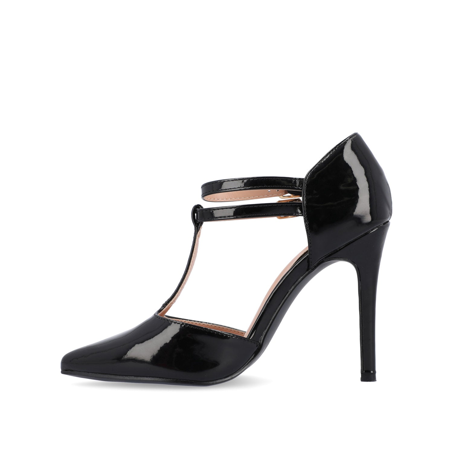 TRU T-STRAP STILETTO PUMP HEELS IN PATENT - Black