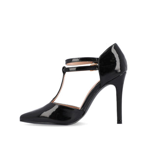TRU T-STRAP STILETTO PUMP HEELS IN PATENT - Black