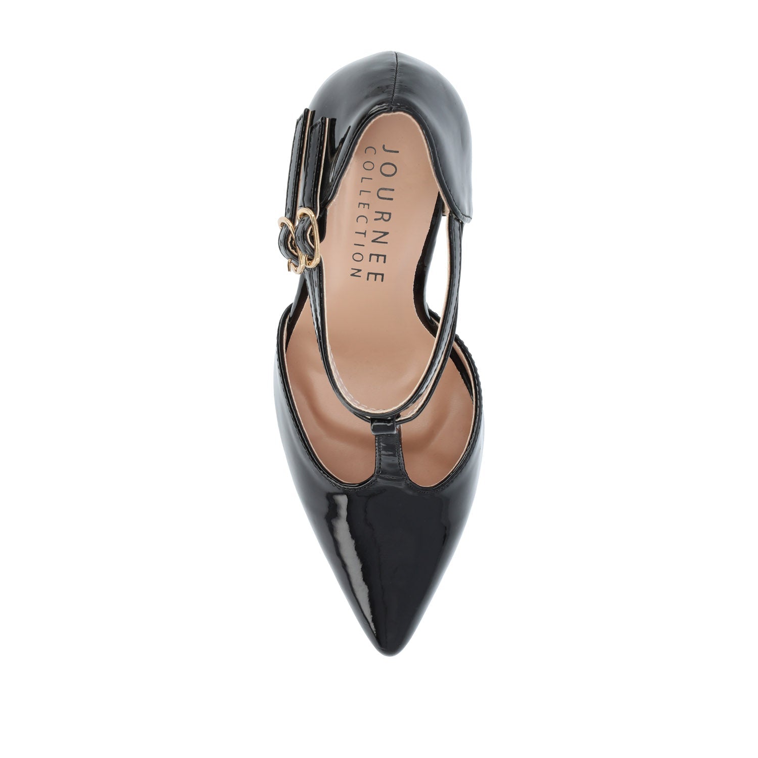 TRU T-STRAP STILETTO PUMP HEELS IN PATENT - Black