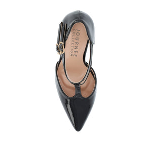 TRU T-STRAP STILETTO PUMP HEELS IN PATENT - Black